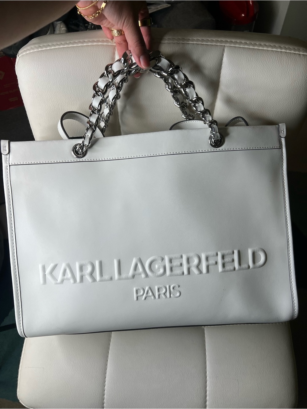 Karl Lagerfeld White Embossed Leather Tote with Silver Chain Handles